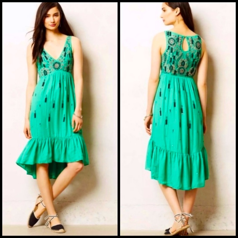 Anthro Floreat Embroidered Sequin High Low Ruffle Midi Dress - Picture 2 of 9